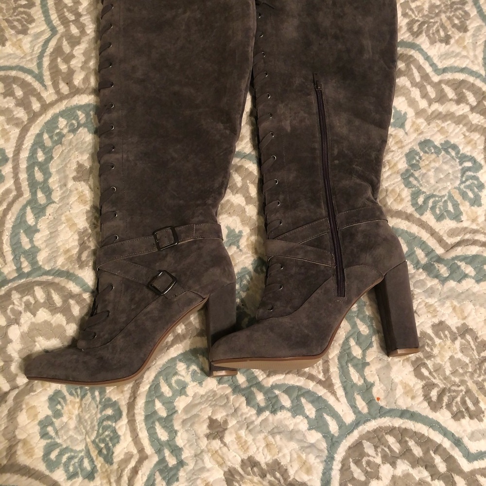 Suede grey chunky heel lace up and zip boots